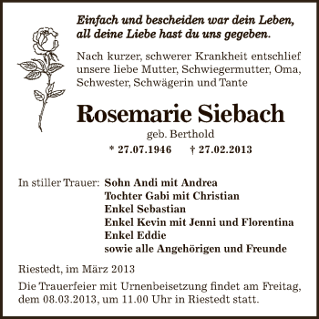 Traueranzeige von Rosemarie Siebach von WVG - Wochenspiegel SGH