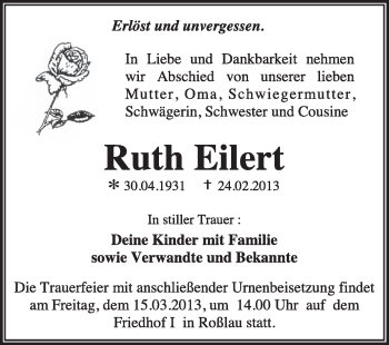 Traueranzeige von Ruth Eilert von Super Sonntag Dessau / Köthen