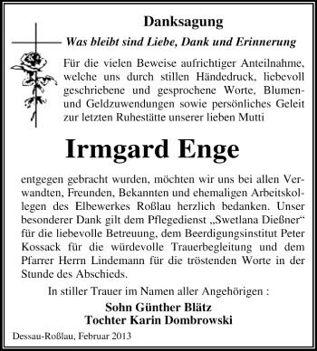 Traueranzeige von Irmgard Enge von Super Sonntag Dessau / Köthen