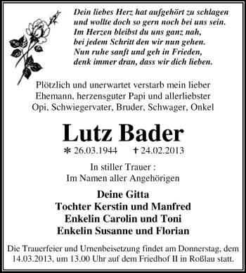 Traueranzeige von Lutz Bader von Super Sonntag Dessau / Köthen