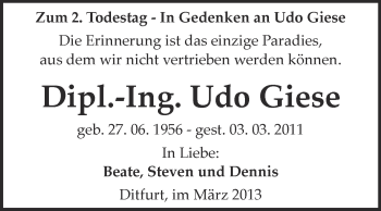 Traueranzeige von Udo Giese von Super Sonntag Quedlinburg
