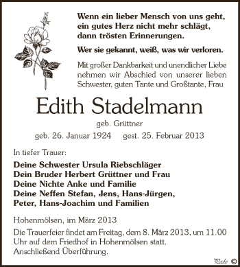 Traueranzeige von Edith Stadelmann von Super Sonntag Zeitz