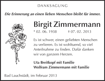Traueranzeige von Birgit Zimmermann von WVG - Wochenspiegel Merseburg