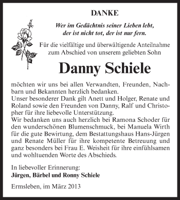 Traueranzeige von Danny Schiele von Super Sonntag Aschersleben