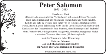Traueranzeige von Peter Salomon von WVG - Wochenspiegel Quedlinburg