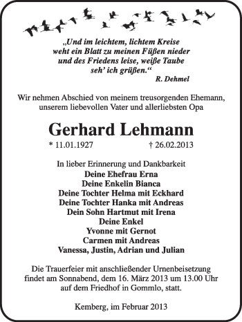 Traueranzeige von Gerhard Lehmann von Super Sonntag Wittenberg