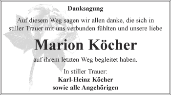 Traueranzeige von Marion Köcher von WVG - Wochenspiegel NMB / WSF / ZTZ