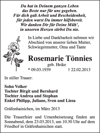 Traueranzeige von Rosemarie Tönnies von WVG - Wochenspiegel Wittenberg