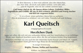 Traueranzeige von Karl Queitsch von Super Sonntag Dessau / Köthen