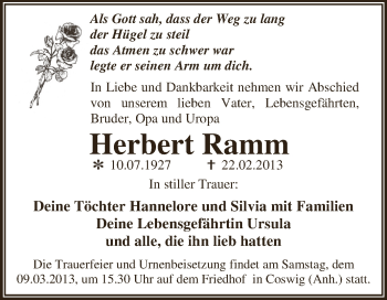 Traueranzeige von Herbert Ramm von WVG - Wochenspiegel Dessau / Köthen