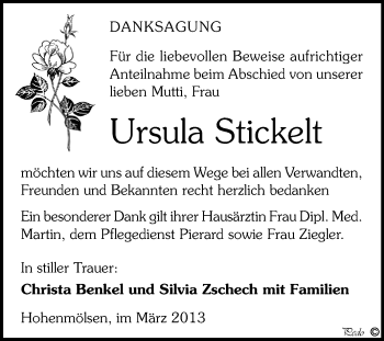 Traueranzeige von Ursula Stickelt von WVG - Wochenspiegel NMB / WSF / ZTZ