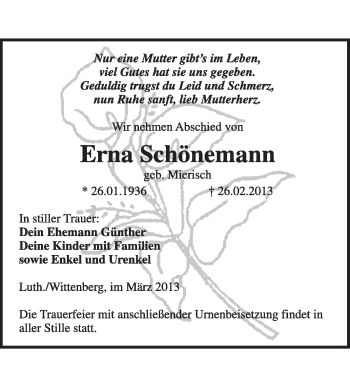 Traueranzeige von Erna Schönemann von Super Sonntag Wittenberg