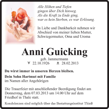 Traueranzeige von Anni Guicking von WVG - Wochenspiegel Quedlinburg