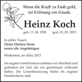 Traueranzeige von Heinz Koch von WVG - Wochenspiegel NMB / WSF / ZTZ