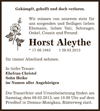 Traueranzeige von Horst Aleythe von WVG - Wochenspiegel Dessau / Köthen