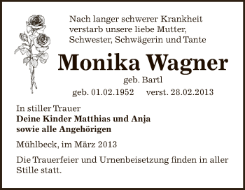 Traueranzeige von Monika Wagner von WVG - Wochenspiegel Bitterfeld