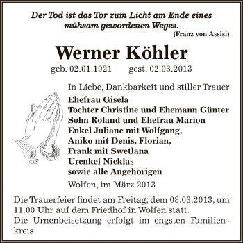 Traueranzeige von Werner Köhler von WVG - Wochenspiegel Bitterfeld