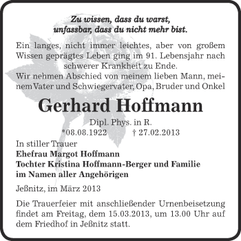 Traueranzeige von Gerhard Hoffmann von WVG - Wochenspiegel Bitterfeld