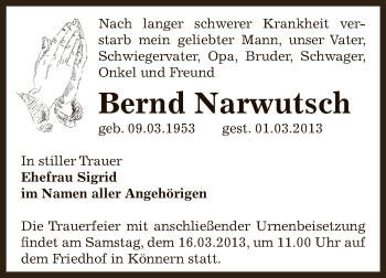 Traueranzeige von Bernd Narwutsch von Super Sonntag Bernburg