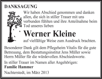 Traueranzeige von Werner  Kleine von WVG - Wochenspiegel Aschersleben