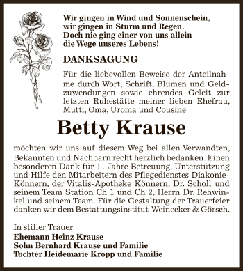 Traueranzeige von Betty Krause von Super Sonntag Bernburg