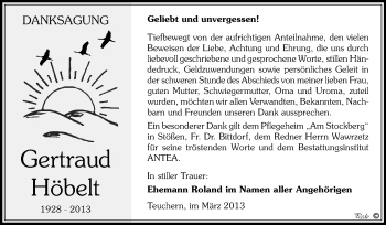 Traueranzeige von Gertraud Höbelt von WVG - Wochenspiegel NMB / WSF / ZTZ