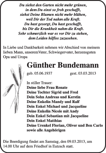 Traueranzeige von Günther Bundemann von Super Sonntag Wittenberg