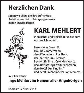 Traueranzeige von Karl Mehlert von Super Sonntag Wittenberg