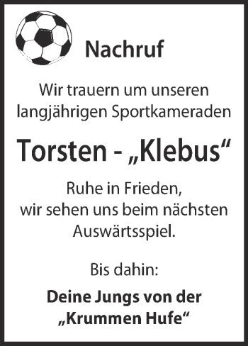 Traueranzeige von Torsten  von WVG - Wochenspiegel NMB / WSF / ZTZ