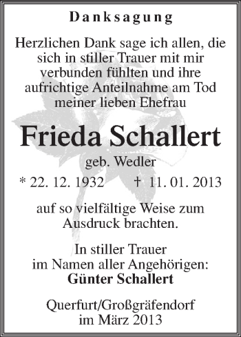Traueranzeige von Frieda Schallert von WVG - Wochenspiegel Merseburg