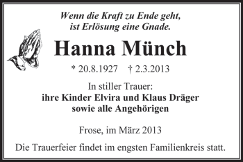 Traueranzeige von Hanna Münch von WVG - Wochenspiegel Aschersleben
