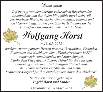 Traueranzeige von Wolfgang Horst von Super Sonntag Quedlinburg