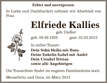 Traueranzeige von Elfriede Kallies von Super Sonntag Zeitz