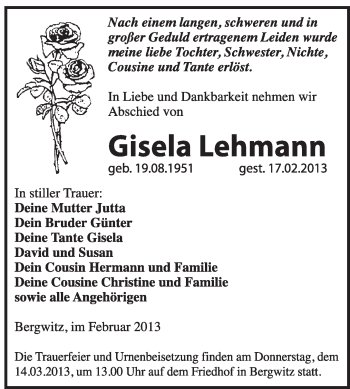 Traueranzeige von Gisela Lehmann von WVG - Wochenspiegel Wittenberg