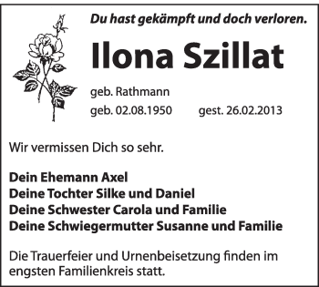 Traueranzeige von Ilona Szillat von Super Sonntag Dessau / Köthen