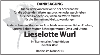 Traueranzeige von Lieselotte Wurl von Super Sonntag Dessau / Köthen