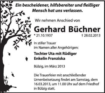 Traueranzeige von Gerhard Büchner von Super Sonntag Wittenberg