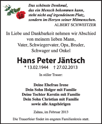 Traueranzeige von Hans Peter Jäntsch von Super Sonntag Wittenberg