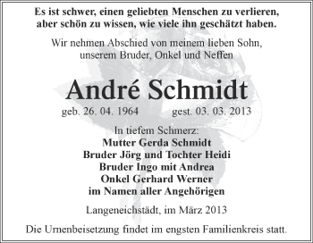Traueranzeige von André Schmidt von WVG - Wochenspiegel Merseburg