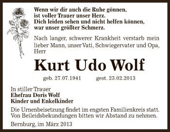 Traueranzeige von Kurt Udo Wolf von Super Sonntag Bernburg