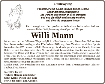 Traueranzeige von Willi Mann von Super Sonntag Bernburg