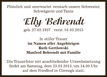 Traueranzeige von Elly Behrendt von Super Sonntag Bernburg