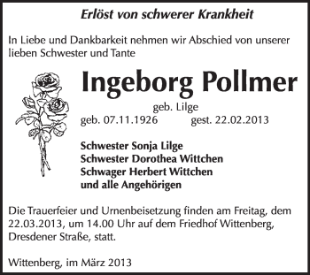 Traueranzeige von Ingeborg Pollmer von WVG - Wochenspiegel Wittenberg
