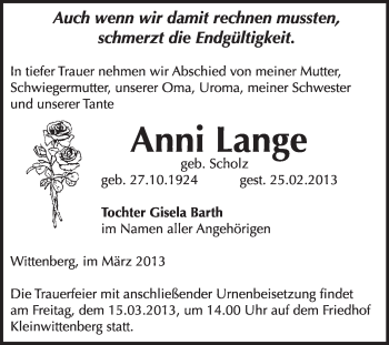 Traueranzeige von Anni Lange von WVG - Wochenspiegel Wittenberg