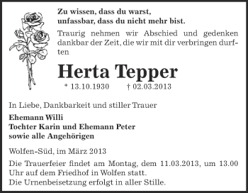 Traueranzeige von Herta Tepper von WVG - Wochenspiegel Bitterfeld