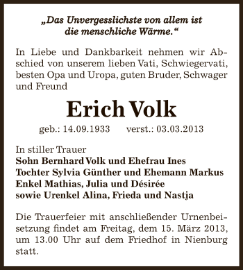 Traueranzeige von Erich Volk von Super Sonntag Bernburg