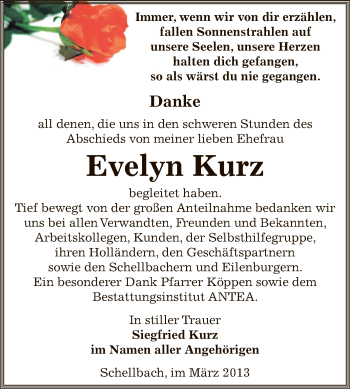 Traueranzeige von Evelyn Kurz von Super Sonntag Zeitz