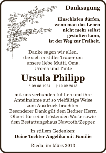 Traueranzeige von Ursula Philipp von WVG - Wochenspiegel Bitterfeld