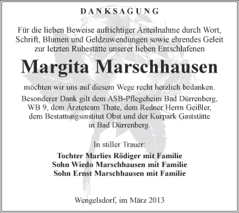 Traueranzeige von Margita Marschhausen von Super Sonntag Merseburg