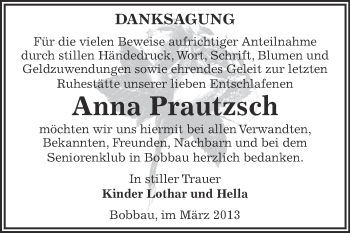 Traueranzeige von Anna Prautzsch von WVG - Wochenspiegel Bitterfeld